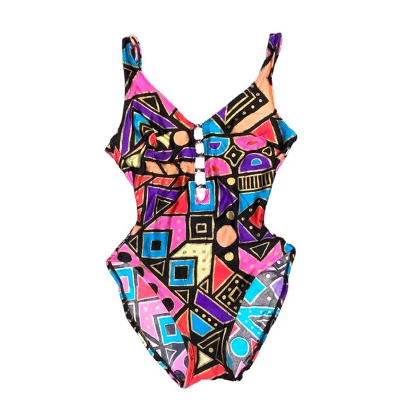 10 VTG La Blanca Funky Geometric Print Neon Gold High Cut One Piece Swimsuit - Picture 1 of 12